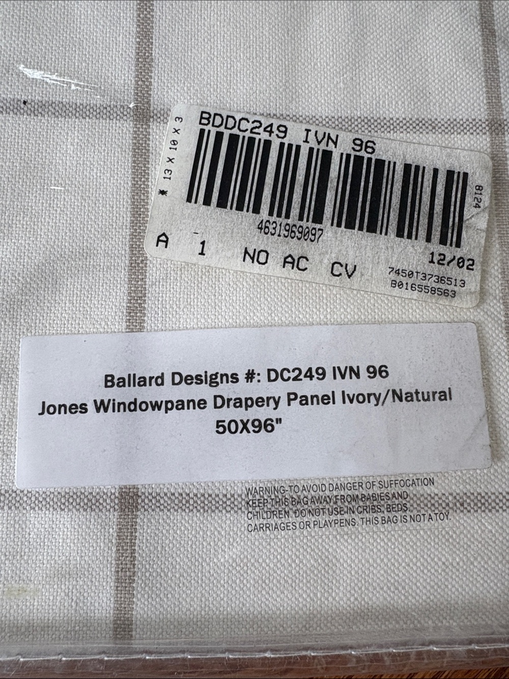 Ballard Designs Jones Windowpane Drapery Panel - Cream with Gray Windowpane - Picture 3 of 3